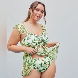 Cider Floral and Leaf Ruffle Cutout Swim Dress with Bikini Bottom